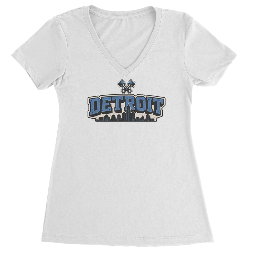 Detroit Motor City Retro Piston graphic on Women's Lightweight V-Neck T-Shirt in White