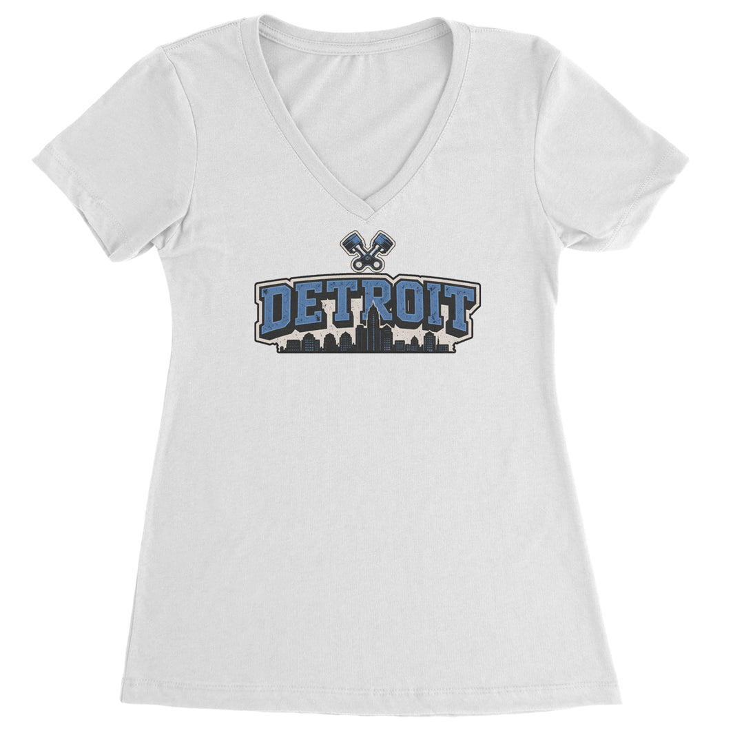 Detroit Motor City Retro Piston Ladies V-Neck T-shirt White