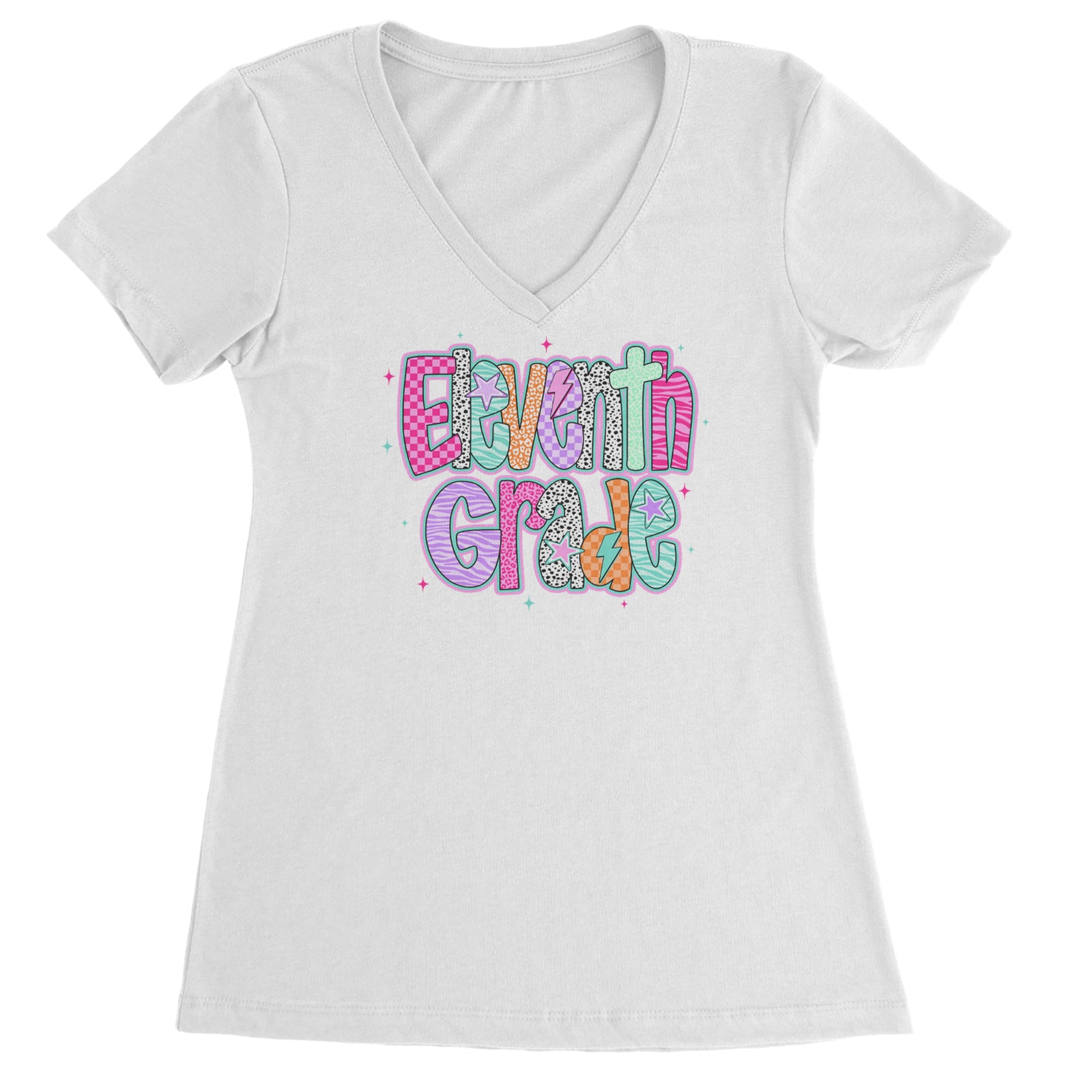 Eleventh Grade Extra Colorful Back to School Ladies V-Neck T-shirt Black