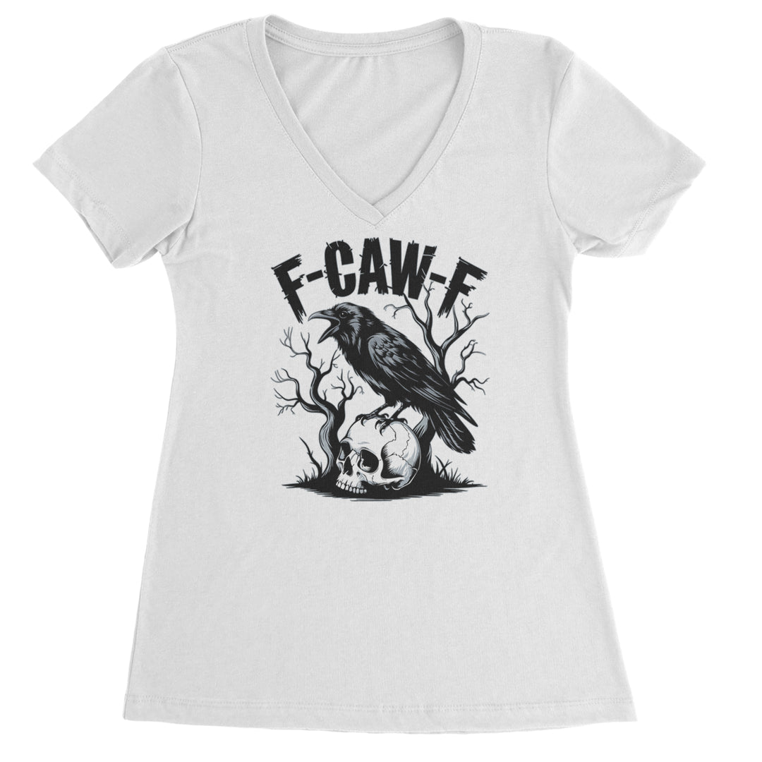 F-Caw-F Crow On Skull F-ck Off Gothic Ladies V-Neck T-shirt White