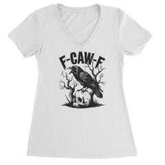 F-Caw-F Crow On Skull F-ck Off Gothic Ladies V-Neck T-shirt White