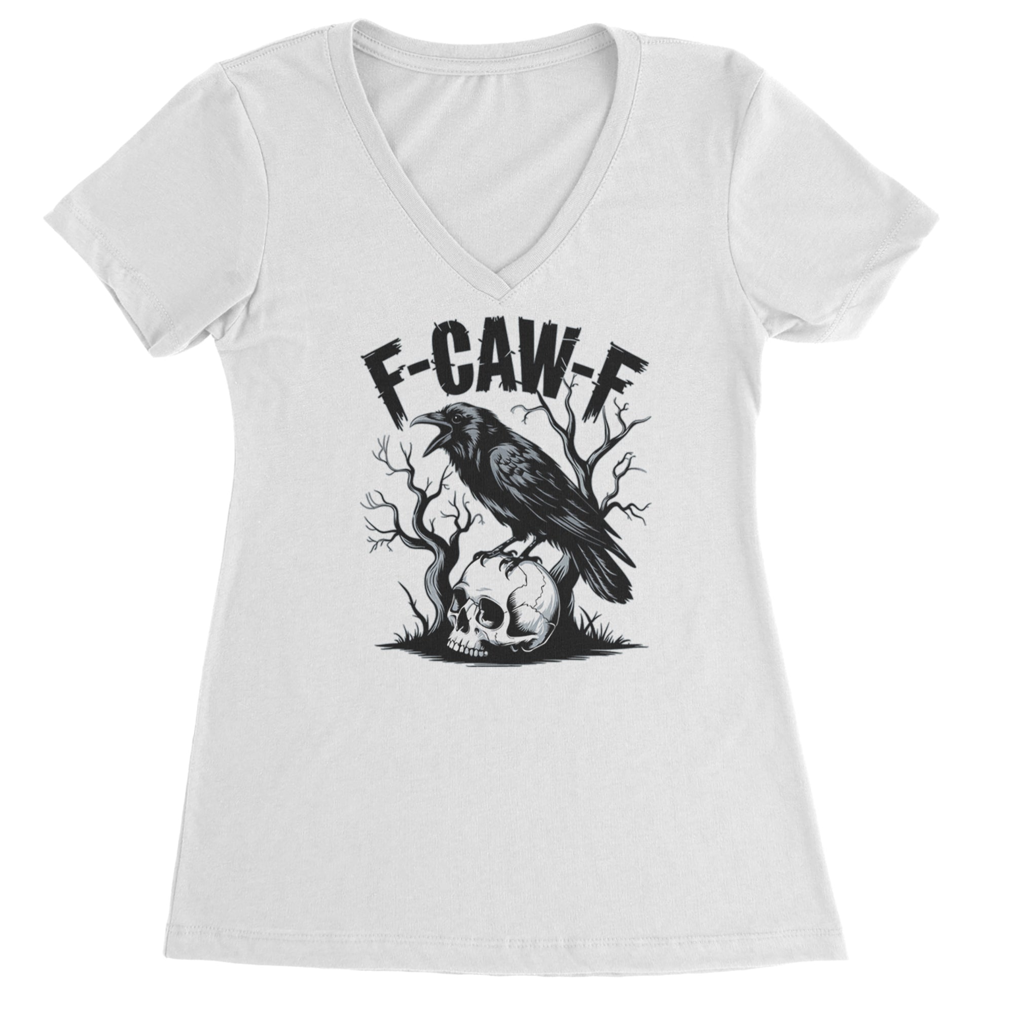 F-Caw-F Crow On Skull F-ck Off Gothic Ladies V-Neck T-shirt White