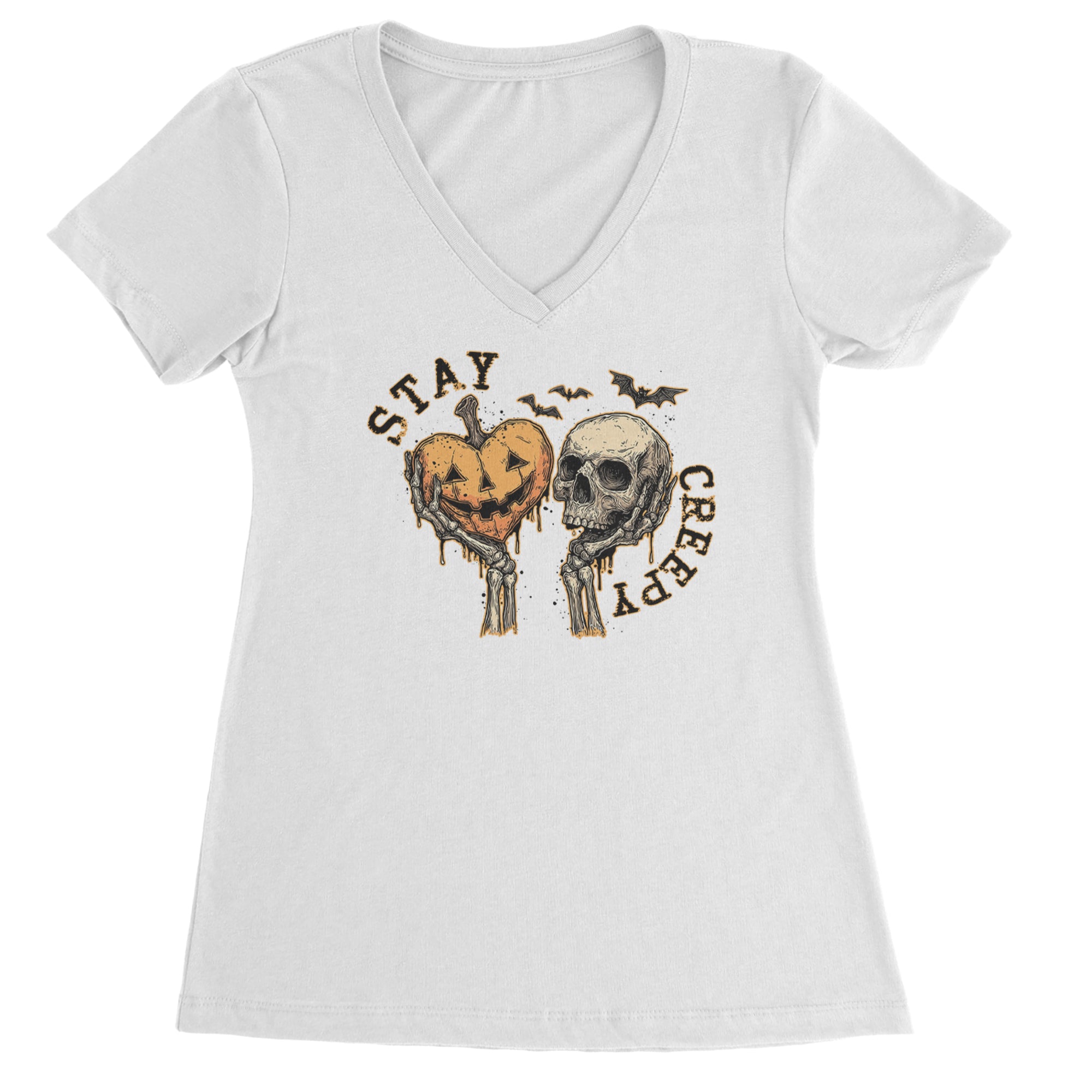 Stay Creepy Skull and Pumpkin Halloween Ladies V-Neck T-shirt White