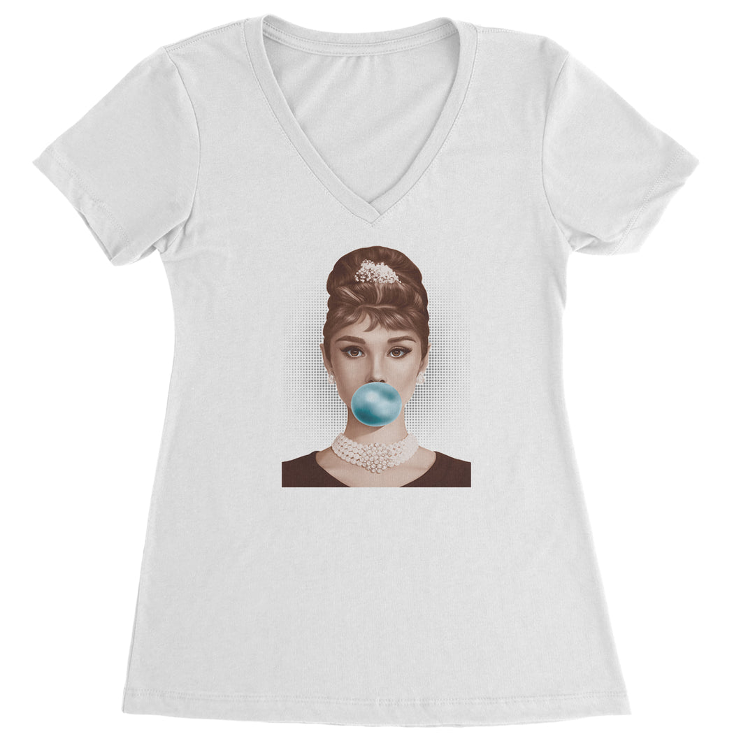 Audrey Hepburn Chewing Bubble Gum American Icon Ladies V-Neck T-shirt White
