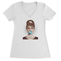 Audrey Hepburn Chewing Bubble Gum American Icon Ladies V-Neck T-shirt White
