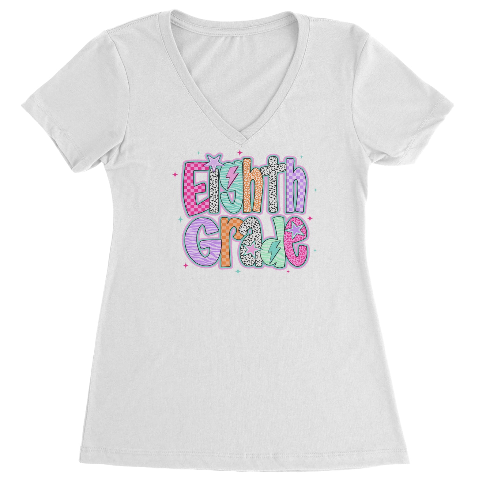 Eighth Grade Energy Colorful Back to School Ladies V-Neck T-shirt Black