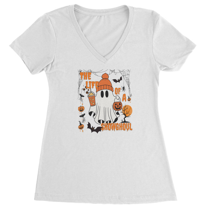 Life of a Showghoul Halloween Showgirl Vibes Ladies V-Neck T-shirt