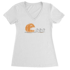 Pumpkin Pacman Chasing Ghosts Halloween Ladies V-Neck T-shirt White