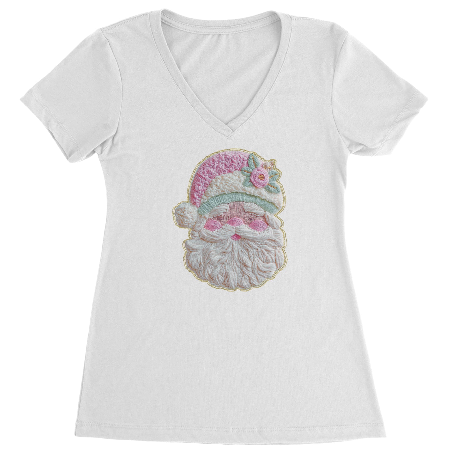 Vintage Santa Embroidery Art Soft Cottagecore Ladies V-Neck T-shirt Black