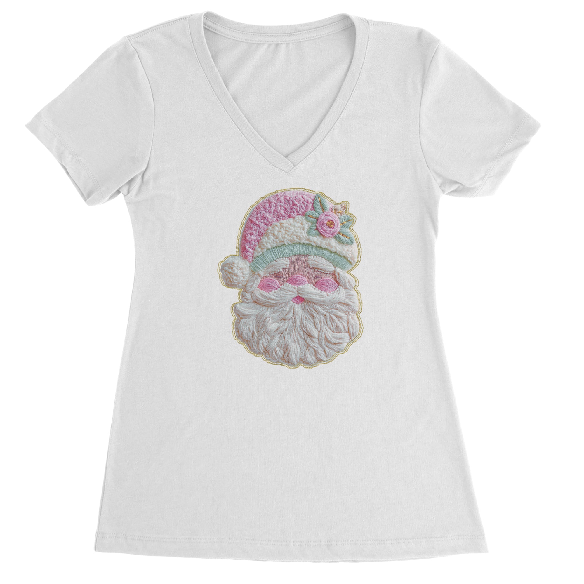 Vintage Santa Embroidery Art Soft Cottagecore Ladies V-Neck T-shirt Black