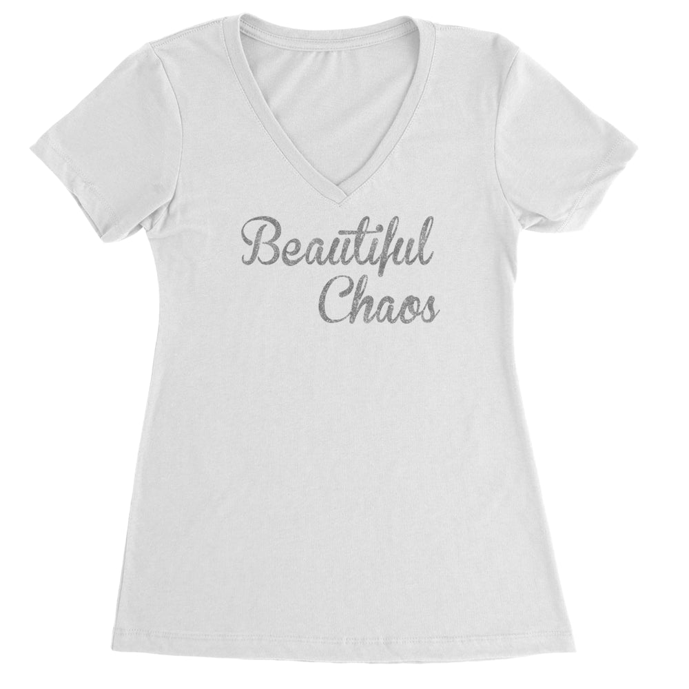 Beautiful Chaos Glitter Music Festival graphic on Women's Lightweight V-Neck T-Shirt in White