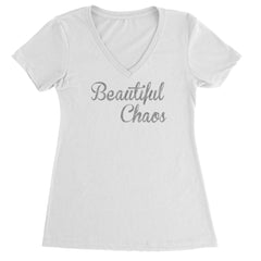Beautiful Chaos Glitter Music Festival Ladies V-Neck T-shirt White