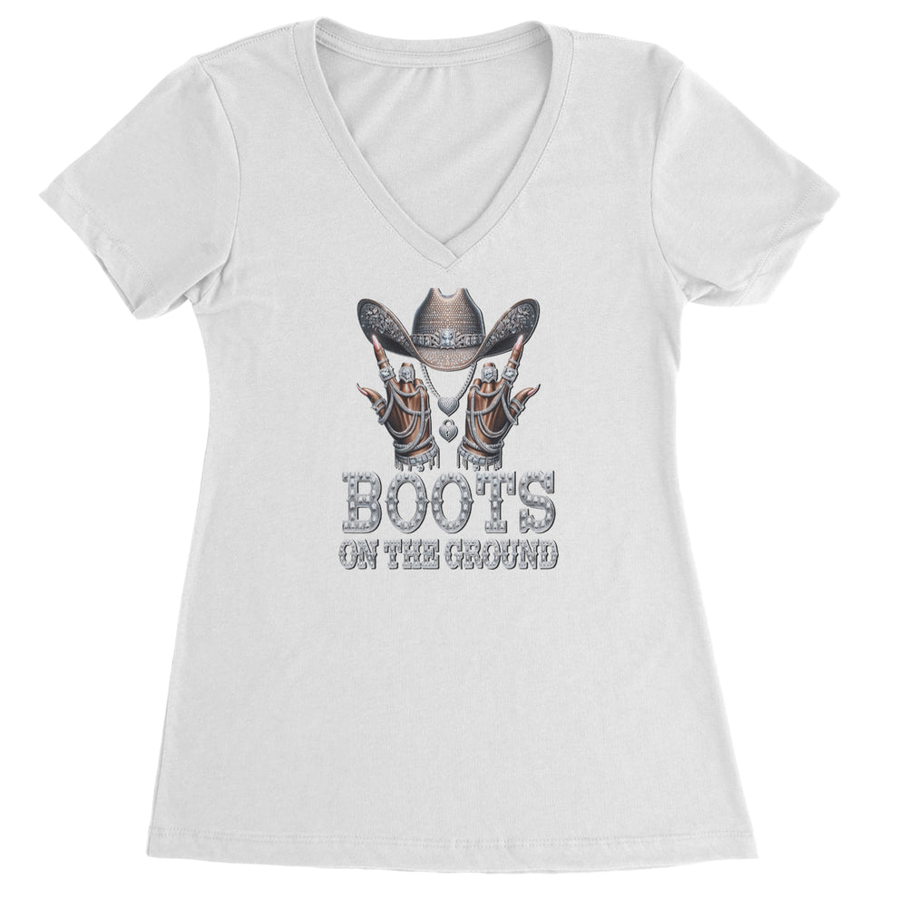 Boots On The Ground Bling graphic on Women's Lightweight V-Neck T-Shirt in White