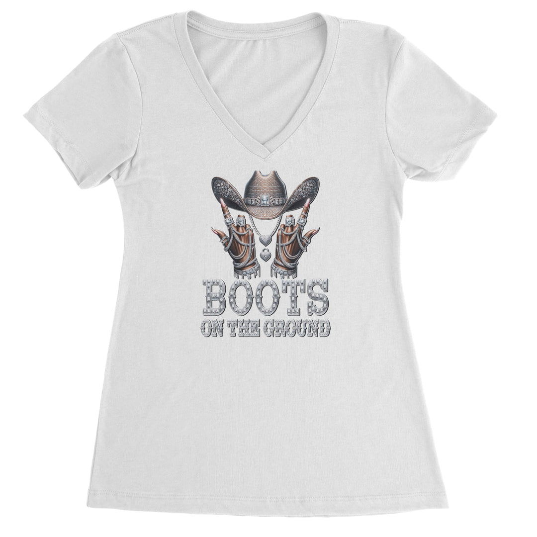 Boots On The Ground Bling Ladies V-Neck T-shirt White