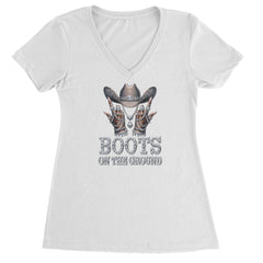 Boots On The Ground Bling Ladies V-Neck T-shirt White