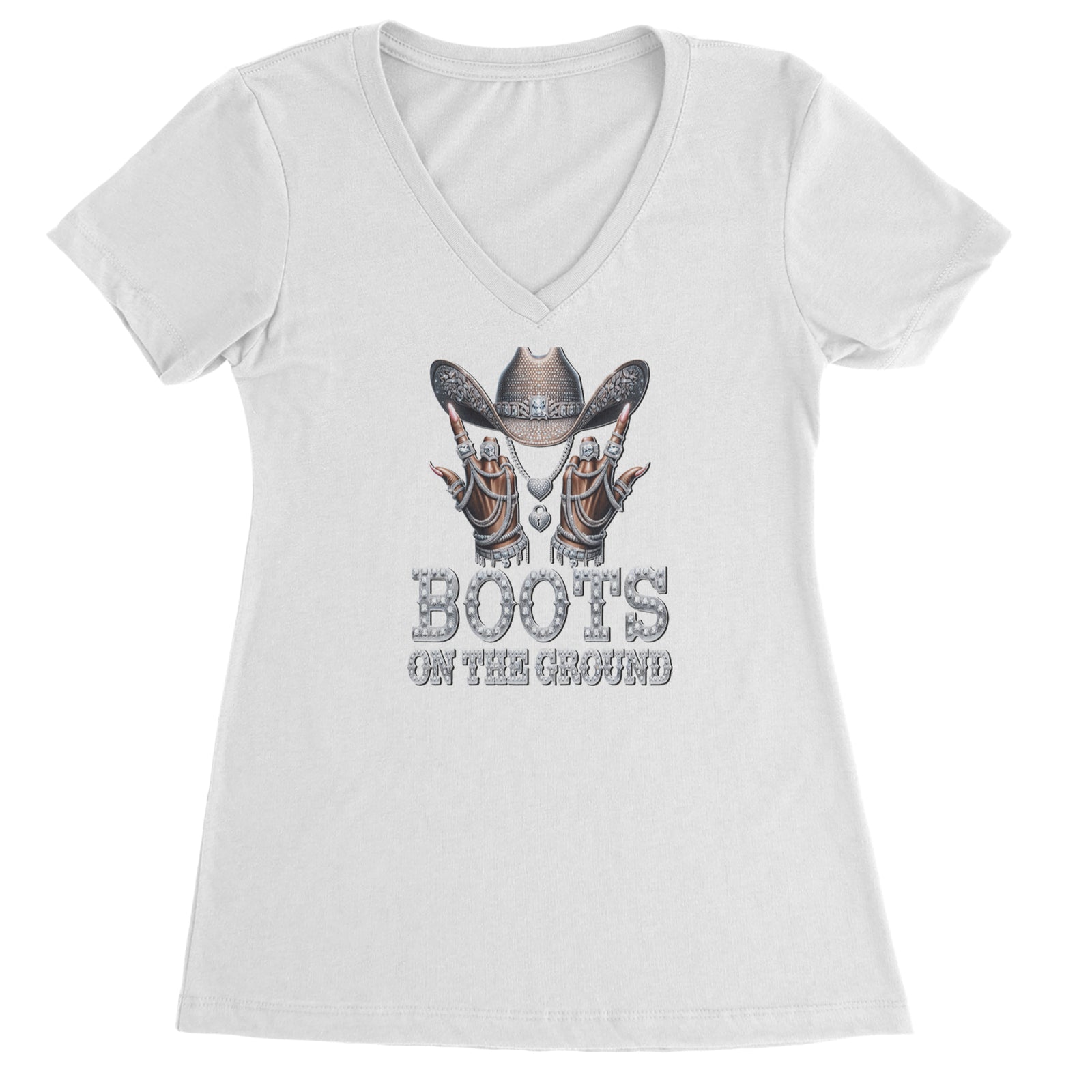 Boots On The Ground Bling Ladies V-Neck T-shirt Black