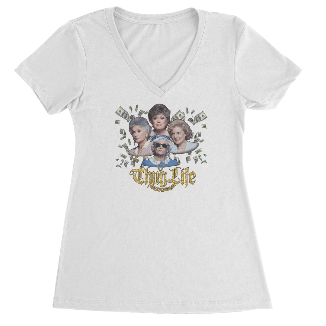 Golden Chain Thug Life Girls Ladies V-Neck T-shirt White