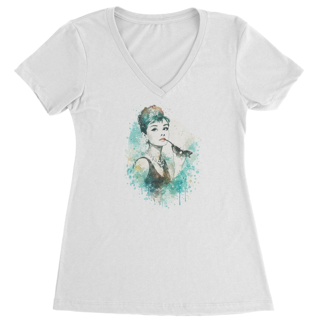 Mrs. Herpburn Iconic Watercolors Ladies V-Neck T-shirt White