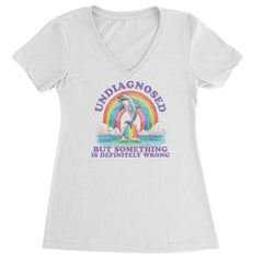 Women's Lightweight V-Neck T-Shirt with a bright rainbow dolphin and the phrase "Undiagnosed but something is definitely wrong"