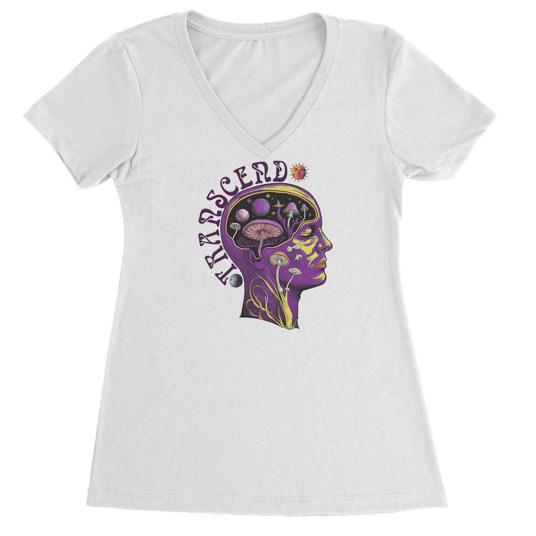 Psychedelic Cosmic Mushroom Head Ladies V-Neck T-shirt White