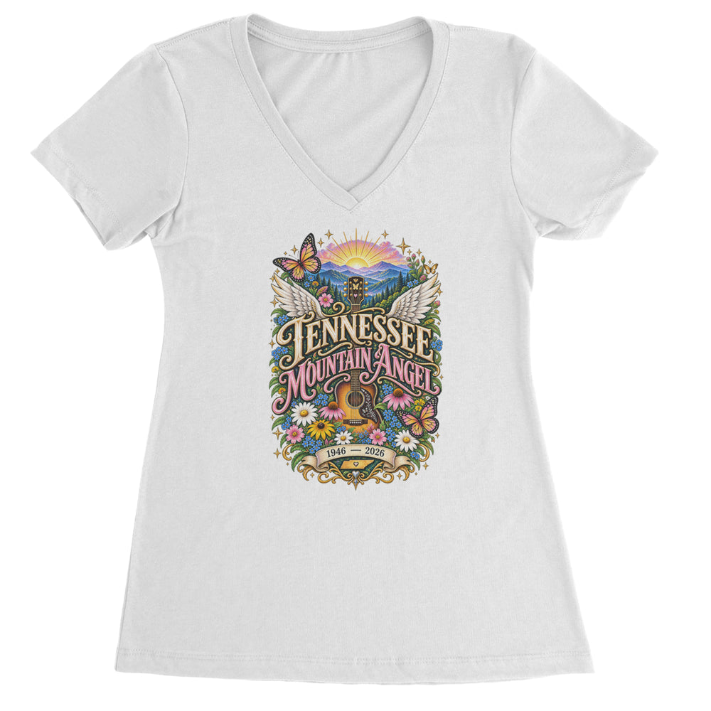 Tennessee Mountain Angel Wings Dolly Ladies V-Neck T-shirt White