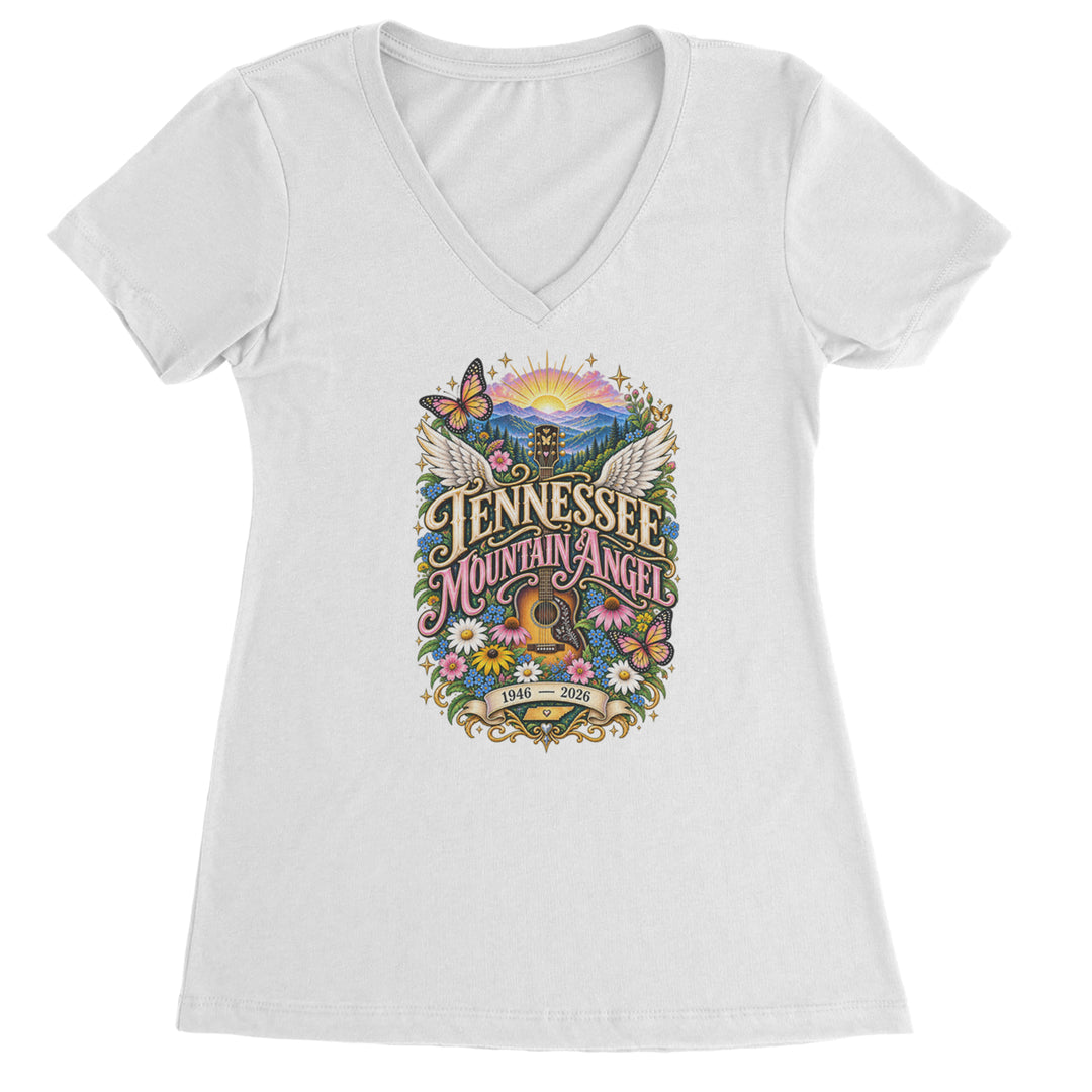 Tennessee Mountain Angel Wings Dolly Ladies V-Neck T-shirt White