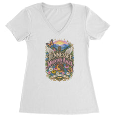 Tennessee Mountain Angel Wings Dolly Ladies V-Neck T-shirt White