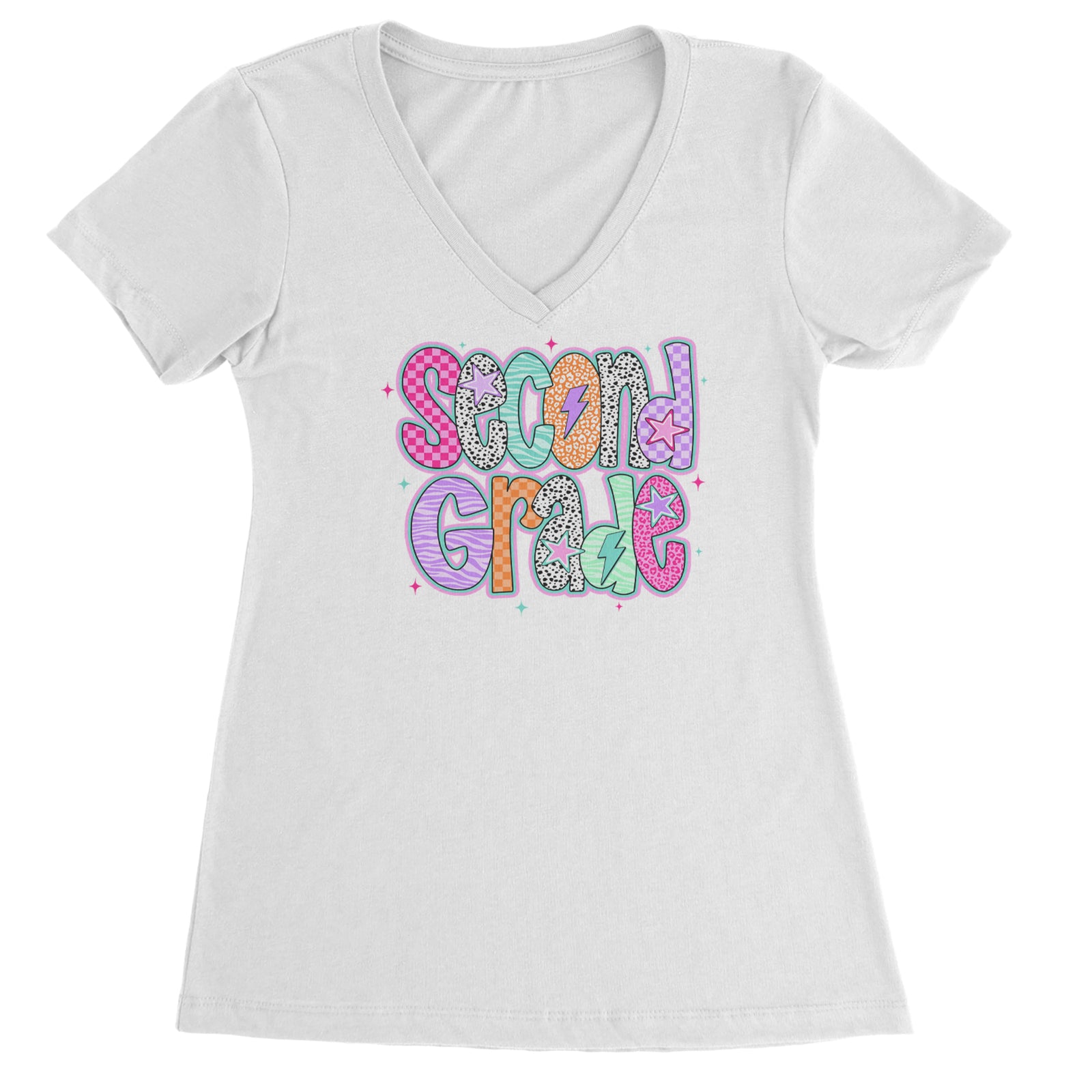 Second Grade Star Colorful Back to School Ladies V-Neck T-shirt Black