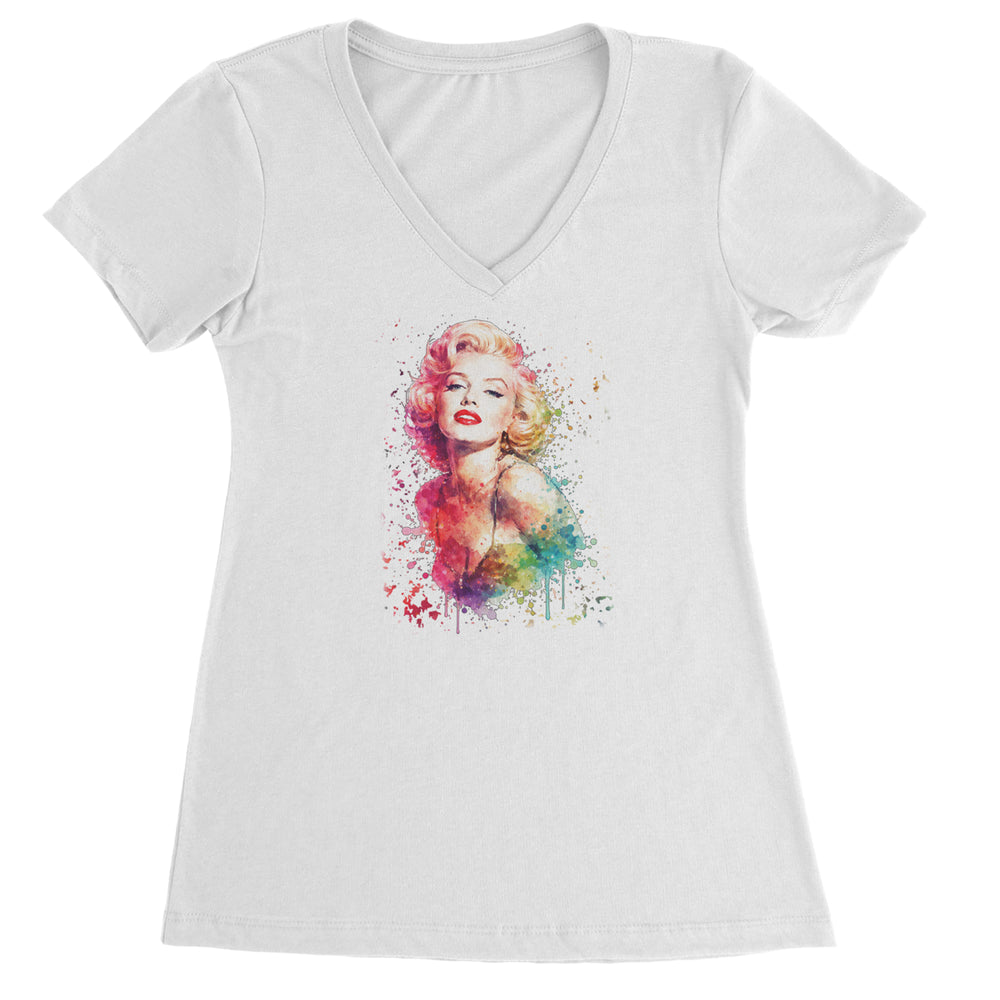 Mrs. Monroe Watercolors Bombshell Ladies V-Neck T-shirt White