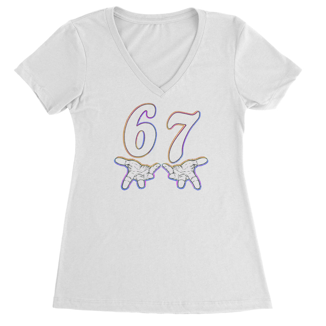 67 Hands Meme Viral Drill Ladies V-Neck T-shirt White