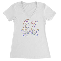 67 Hands Meme Viral Drill Ladies V-Neck T-shirt White