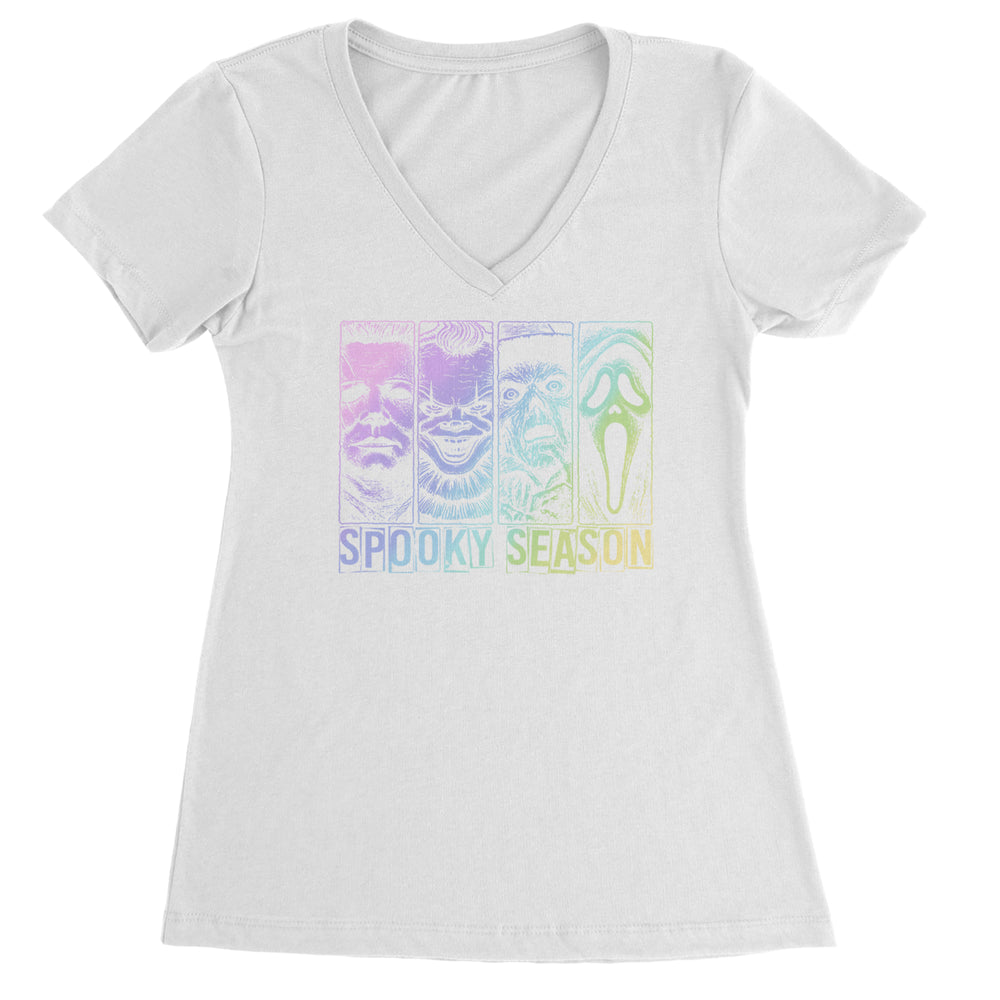 Spooky Season Horror Icons Halloween graphic on Women's Lightweight V-Neck T-Shirt in White