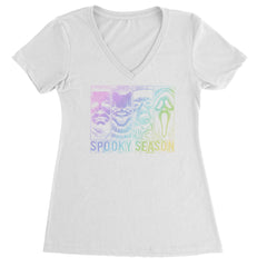 Spooky Season Horror Icons Halloween Ladies V-Neck T-shirt White