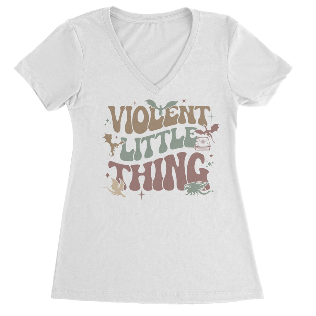 Women's Lightweight V-Neck T-Shirt with cute dragon silhouettes, sparkly stars, and a small stack of spell books