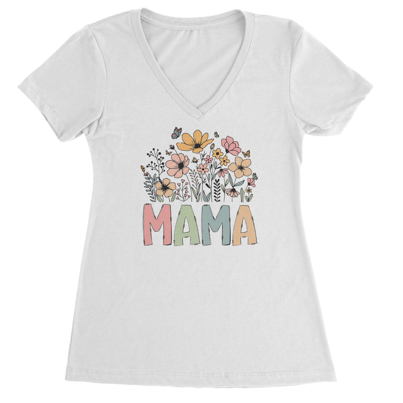 Mama Wildflower Retro Flower Ladies V-Neck T-shirt White