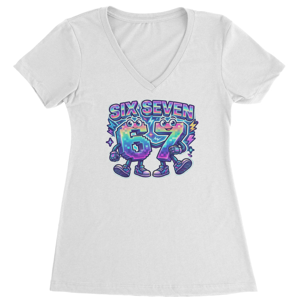 Six Seven 67 Retro Pixel Buddies Ladies V-Neck T-shirt White