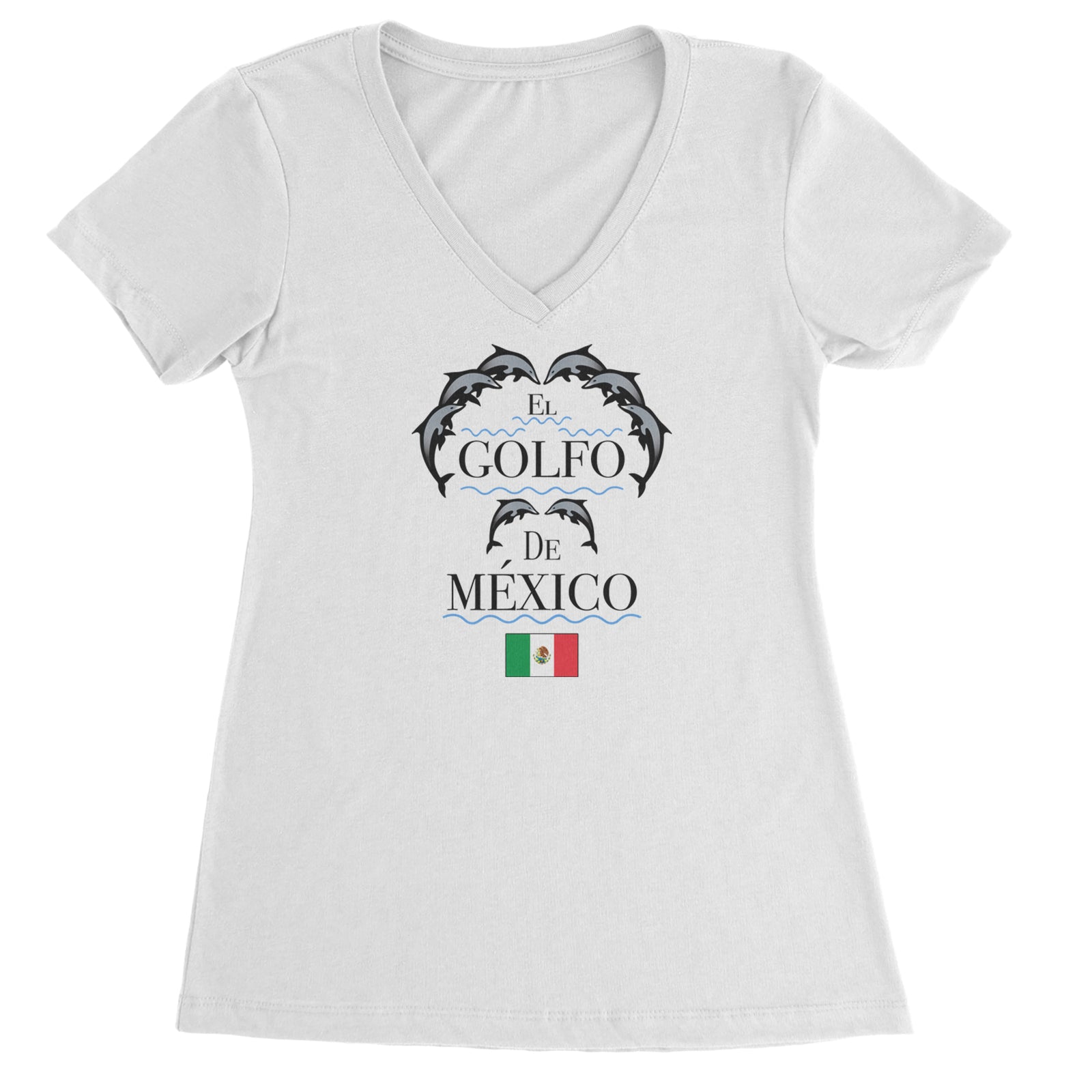 El Golfo De Mexico Dancing Dolphins Ladies V-Neck T-shirt White