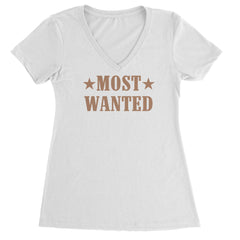 Women's Lightweight V-Neck T-Shirt with "MOST WANTED" Western poster style text framed by star icons