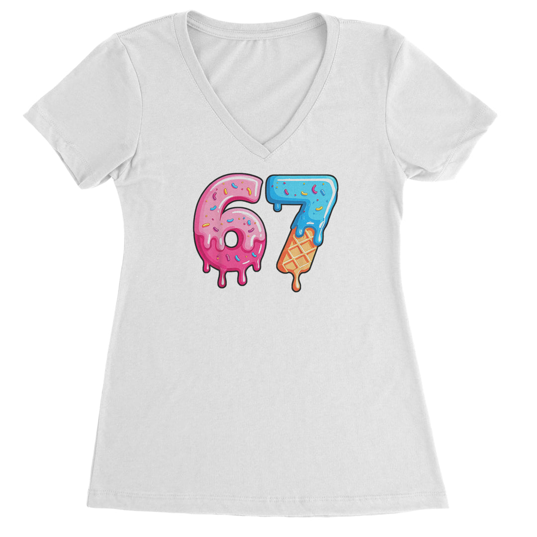 67 Dripping Ice Cream Donut Melt Ladies V-Neck T-shirt White