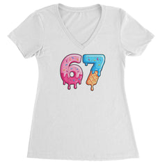 67 Dripping Ice Cream Donut Melt Ladies V-Neck T-shirt White