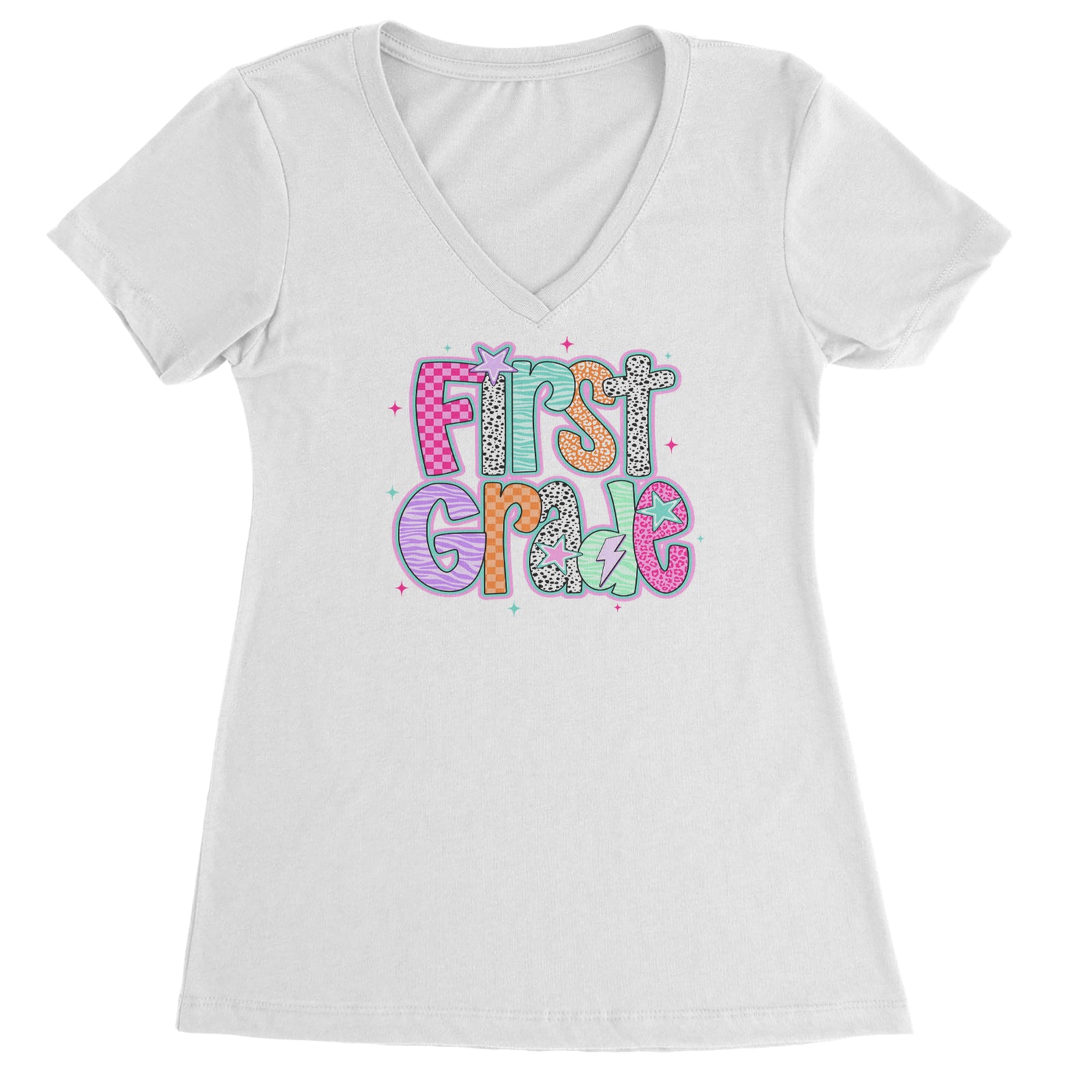First Grade Vibes Colorful Back to School Ladies V-Neck T-shirt Black