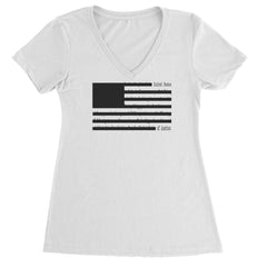 Black-and-white American flag with redaction-bar stripes over faint document text on a Women's Lightweight V-Neck T-Shirt