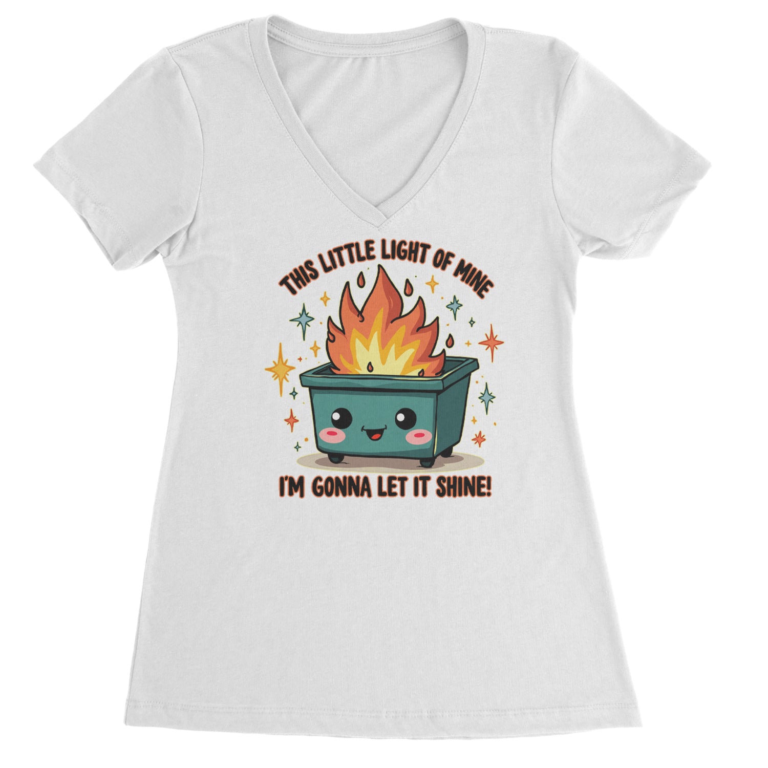 This Little Light of Mine Dumpster Fire Smile Face Ladies V-Neck T-shirt Black