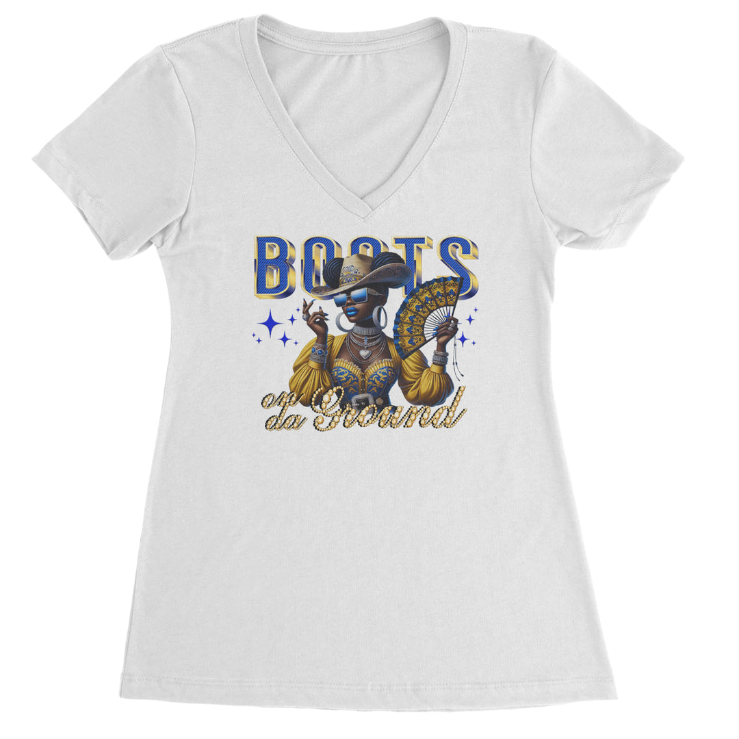 Boots On Da Ground Folding Fan Ladies V-Neck T-shirt White
