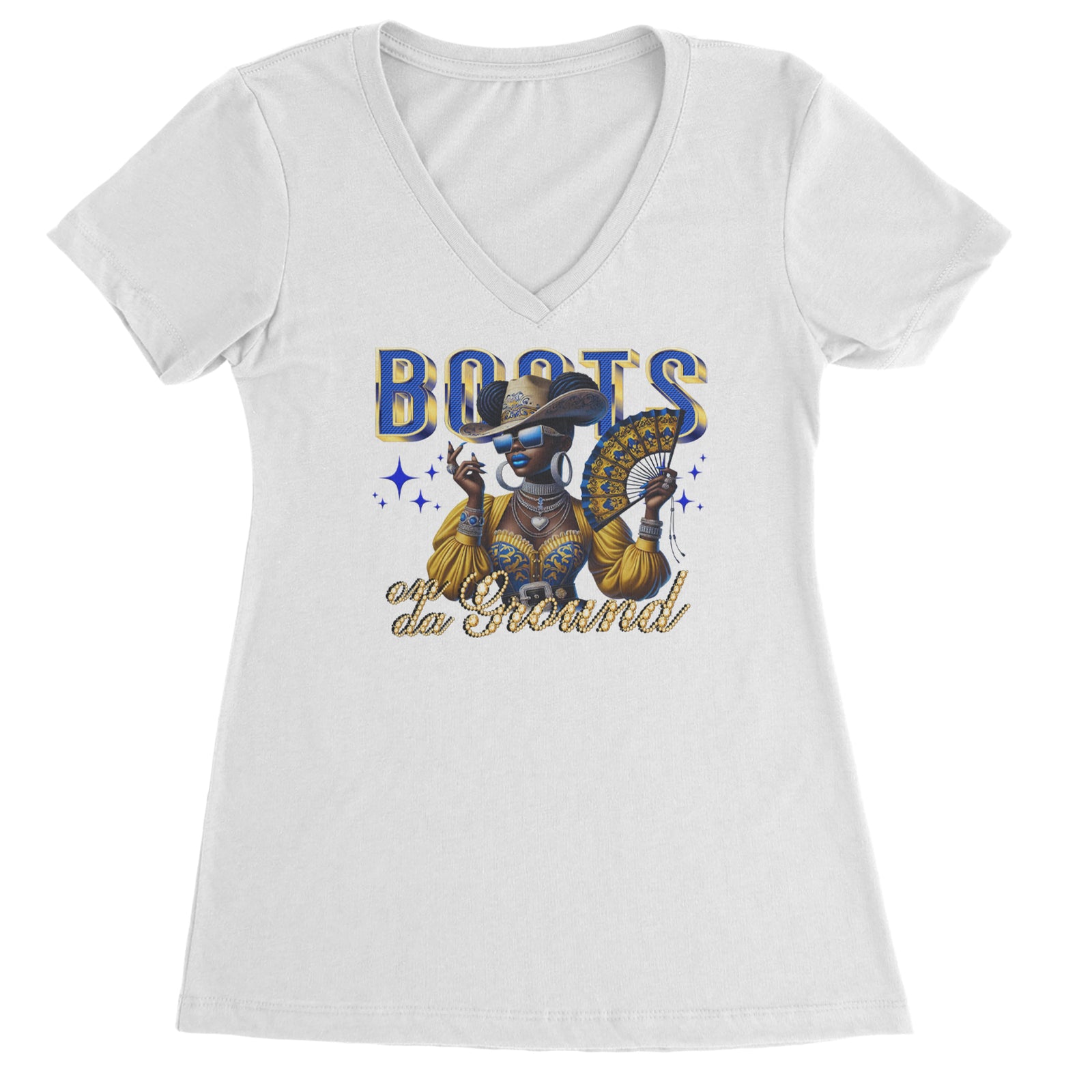 Boots On Da Ground Folding Fan Ladies V-Neck T-shirt Black