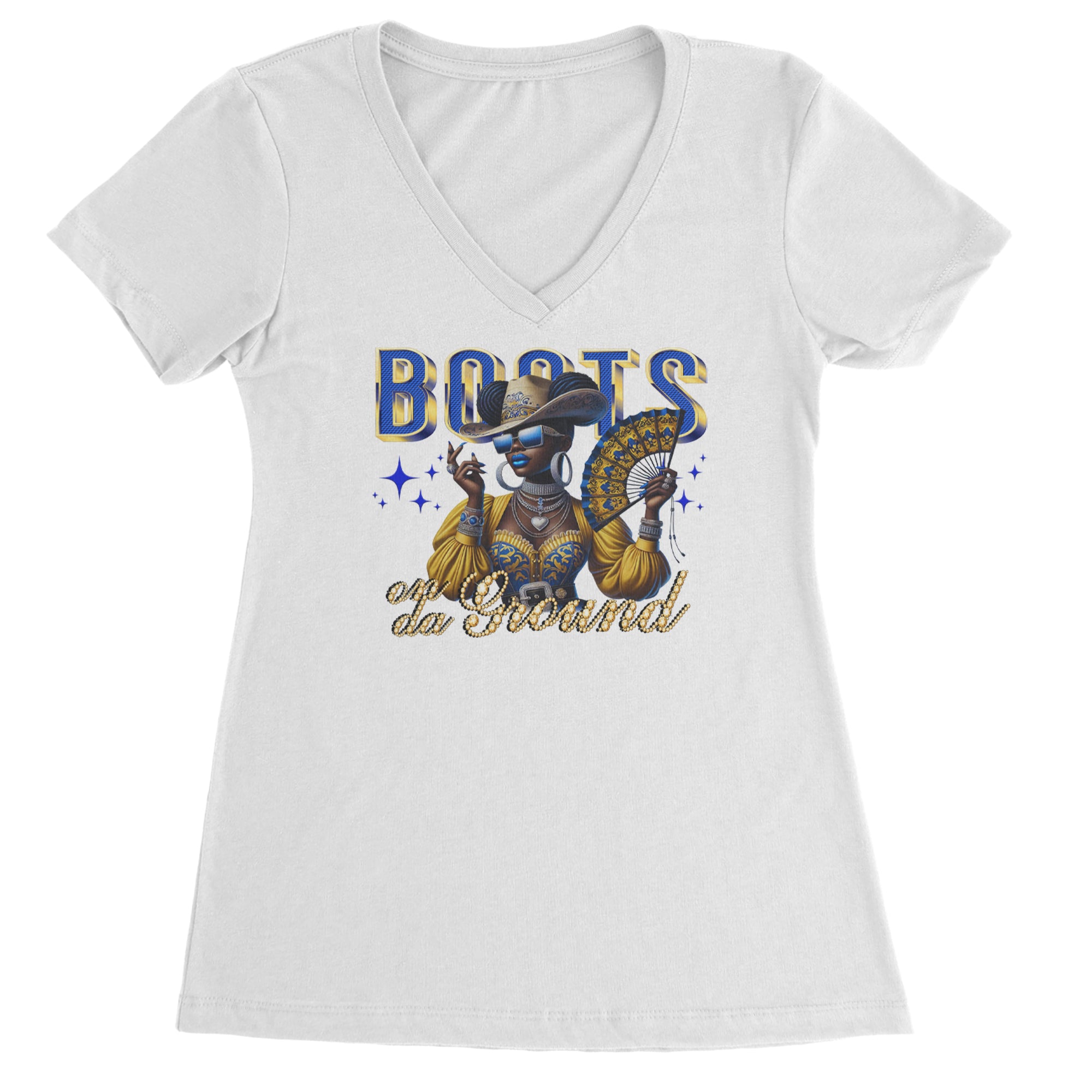 Boots On Da Ground Folding Fan Ladies V-Neck T-shirt White