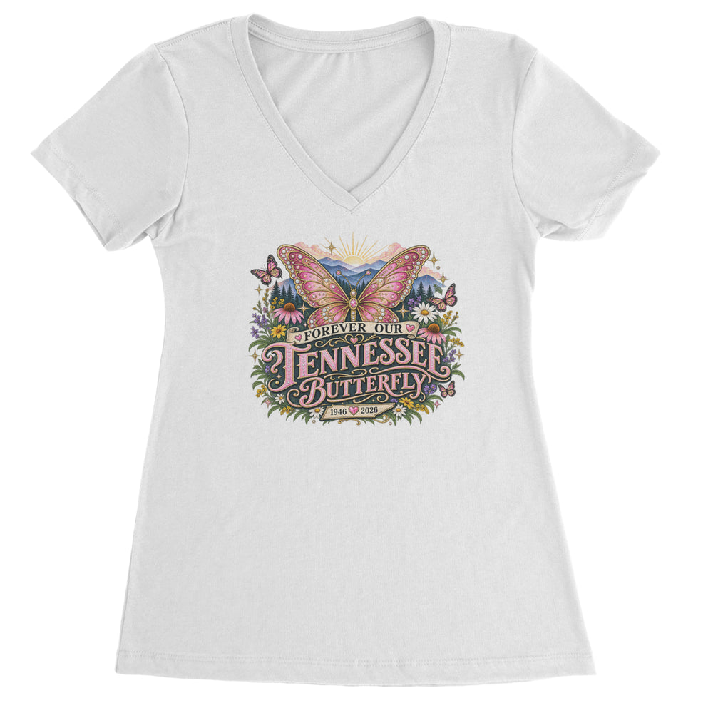 Forever Our Tennessee Butterfly Dolly Ladies V-Neck T-shirt White