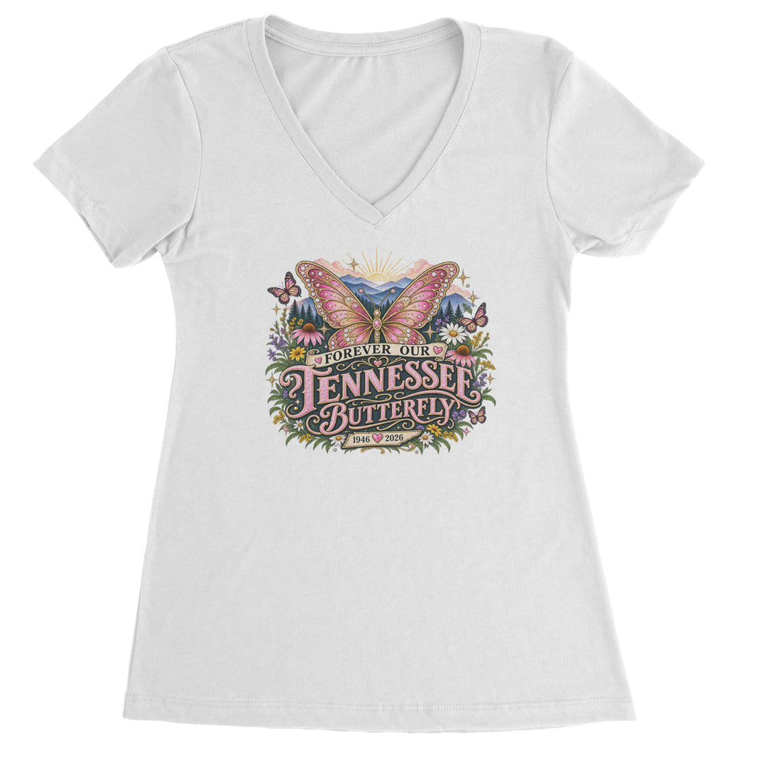 Forever Our Tennessee Butterfly Dolly Ladies V-Neck T-shirt White