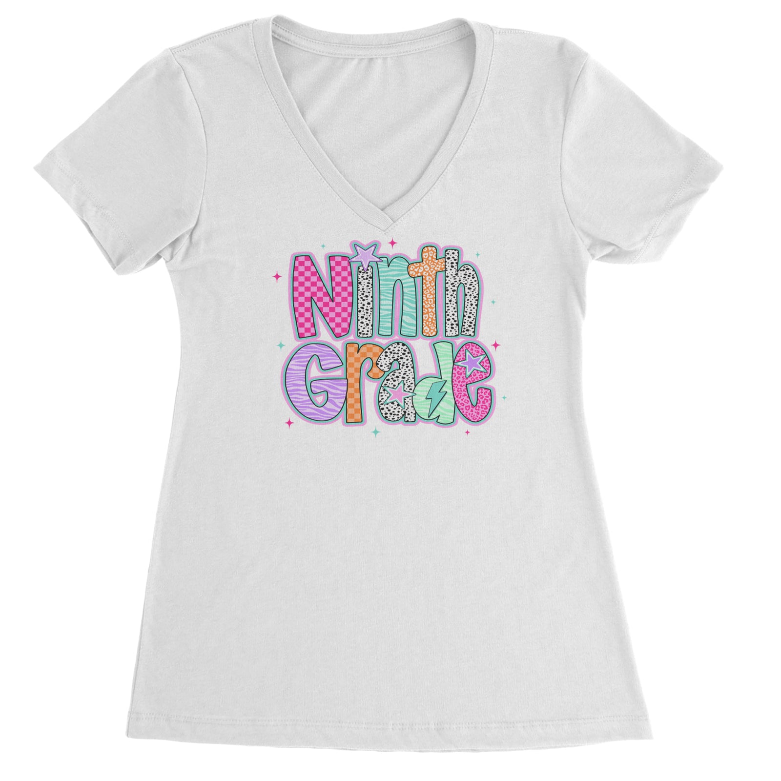 Ninth Grade Freshman Vibes Colorful Back to School Ladies V-Neck T-shirt Black