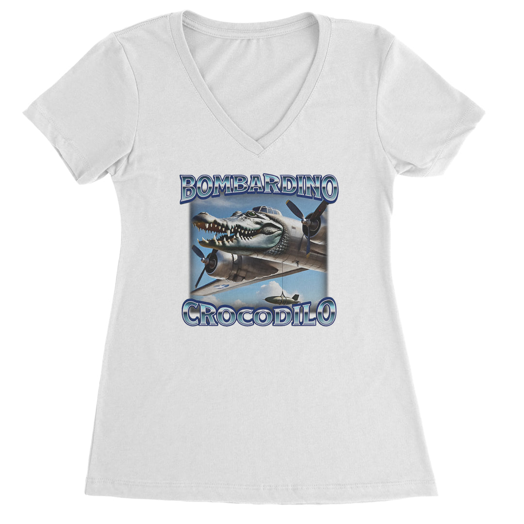 Bombardino Crocodilo Brainrot Ladies V-Neck T-shirt White